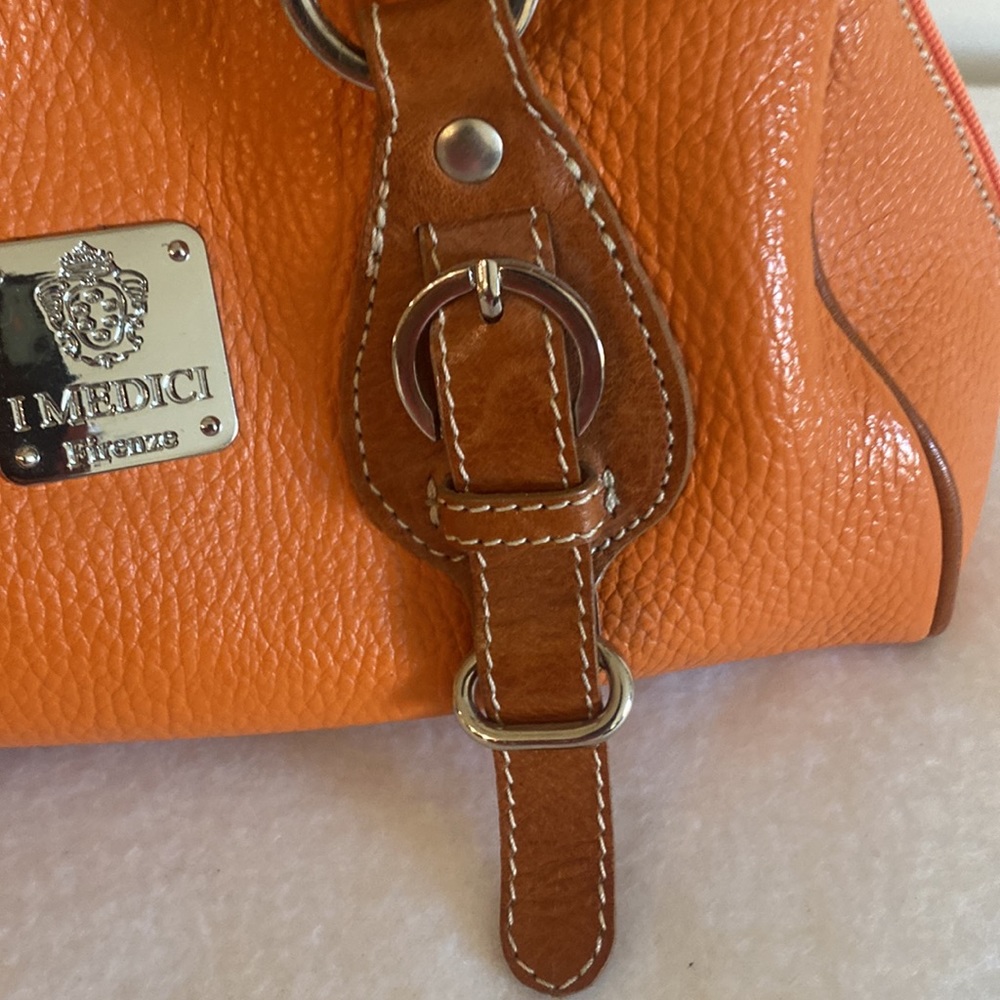 Orange Mini Leather Satchel Bag with Brown Trim - Picture 5 of 9